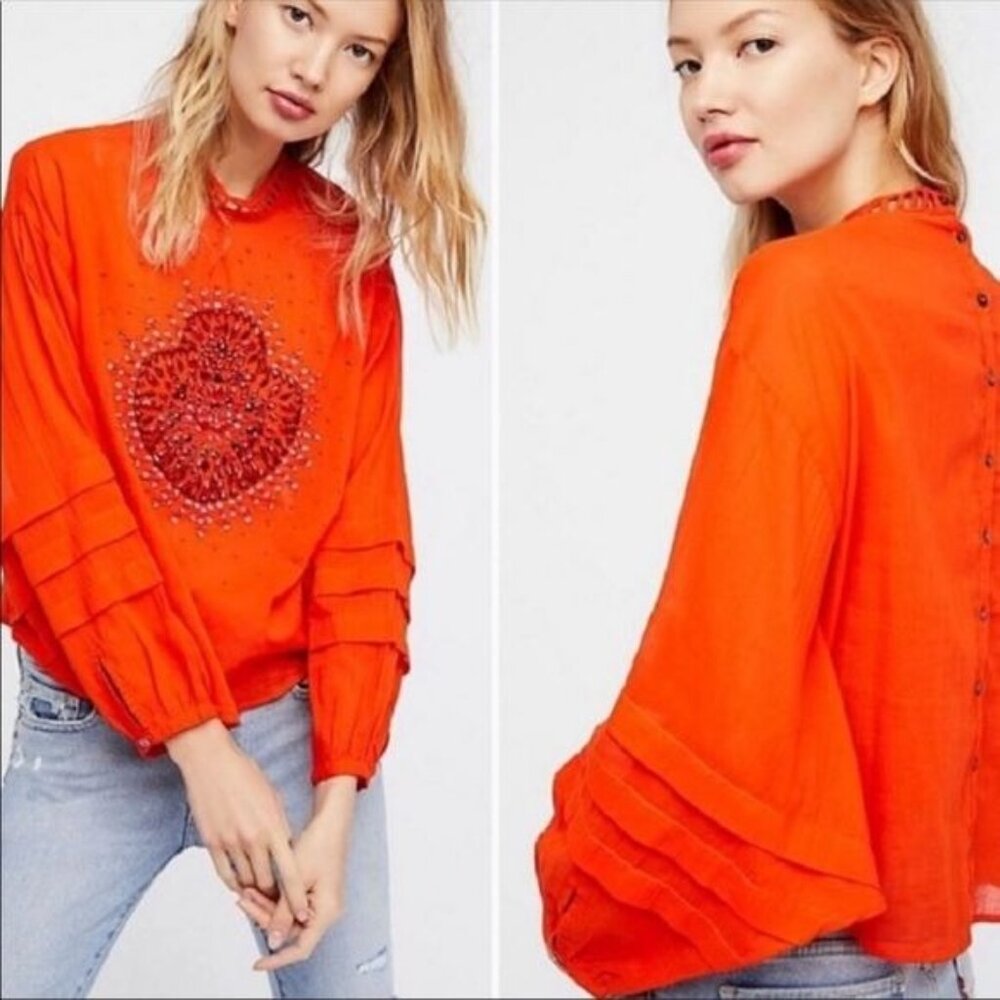 Free People S Heart of Gold Orange Beaded Boho Top Semi Sheer Embellished